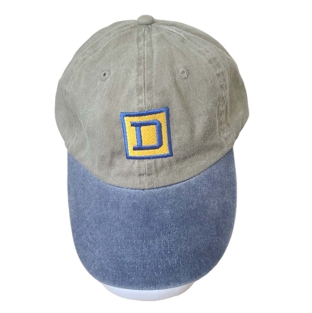 Khaki and blue embroidered baseball hat